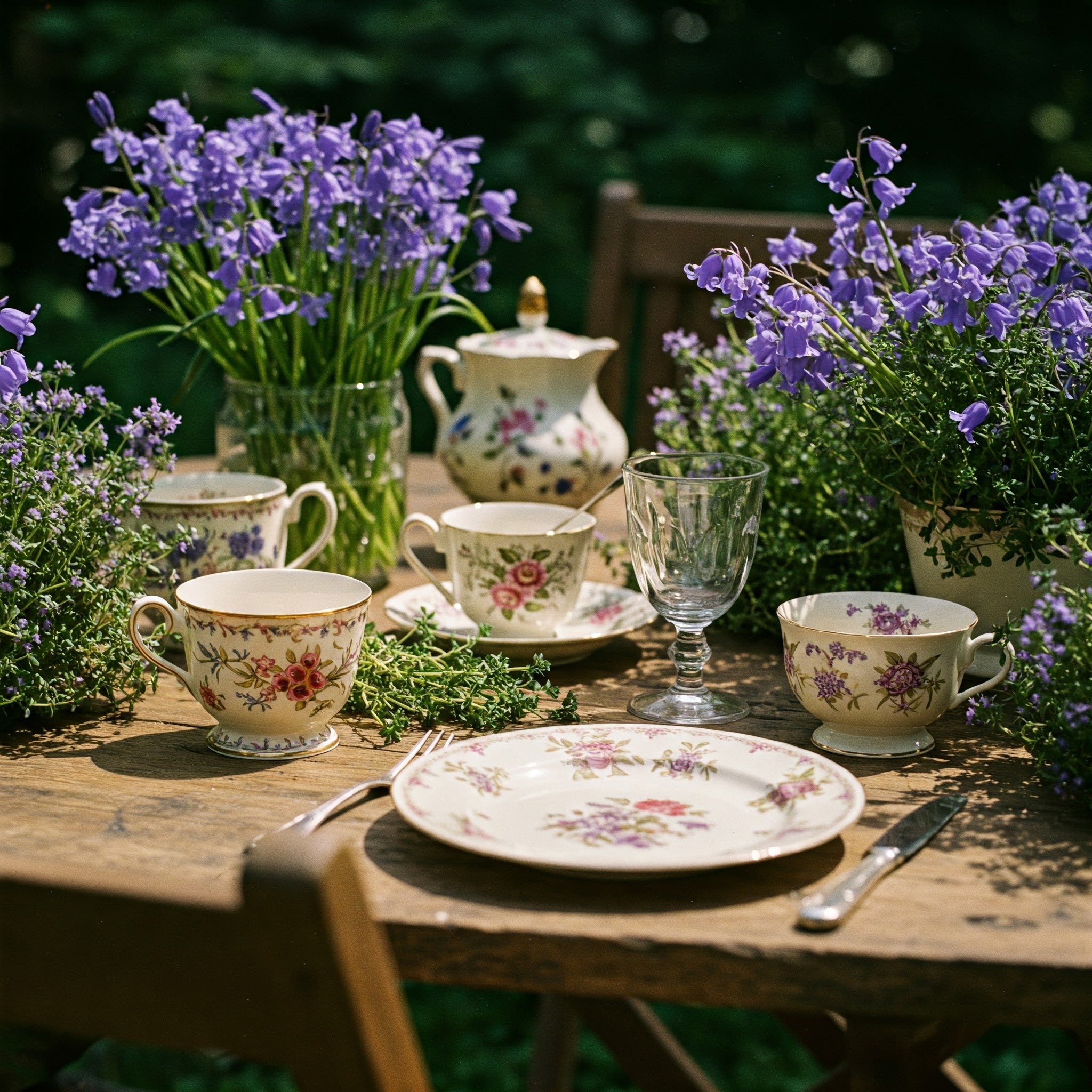 Sunlit table adorned with vintage china and fresh bluebell floral arrangements.