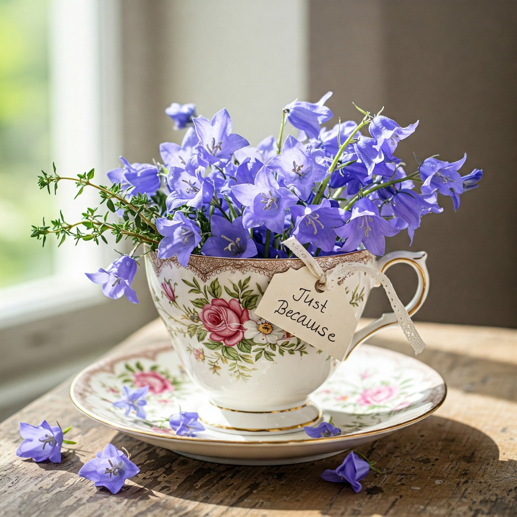 Delicate bluebell flowers arranged in a vintage china cup, featuring a 'Just Because' label.
