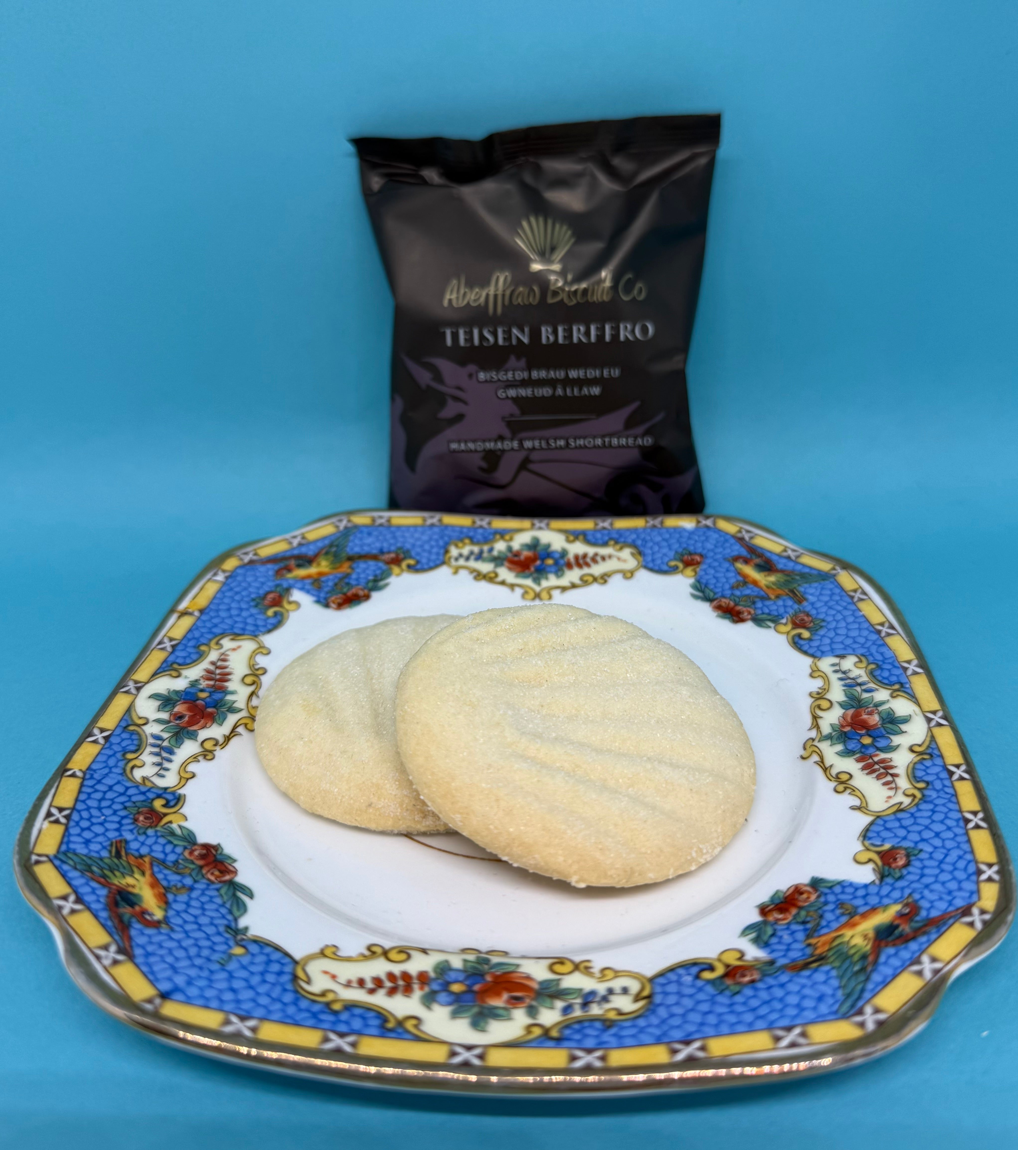 Aberffraw biscuits from Bluebells & Thyme, elegantly displayed on a vintage side plate.