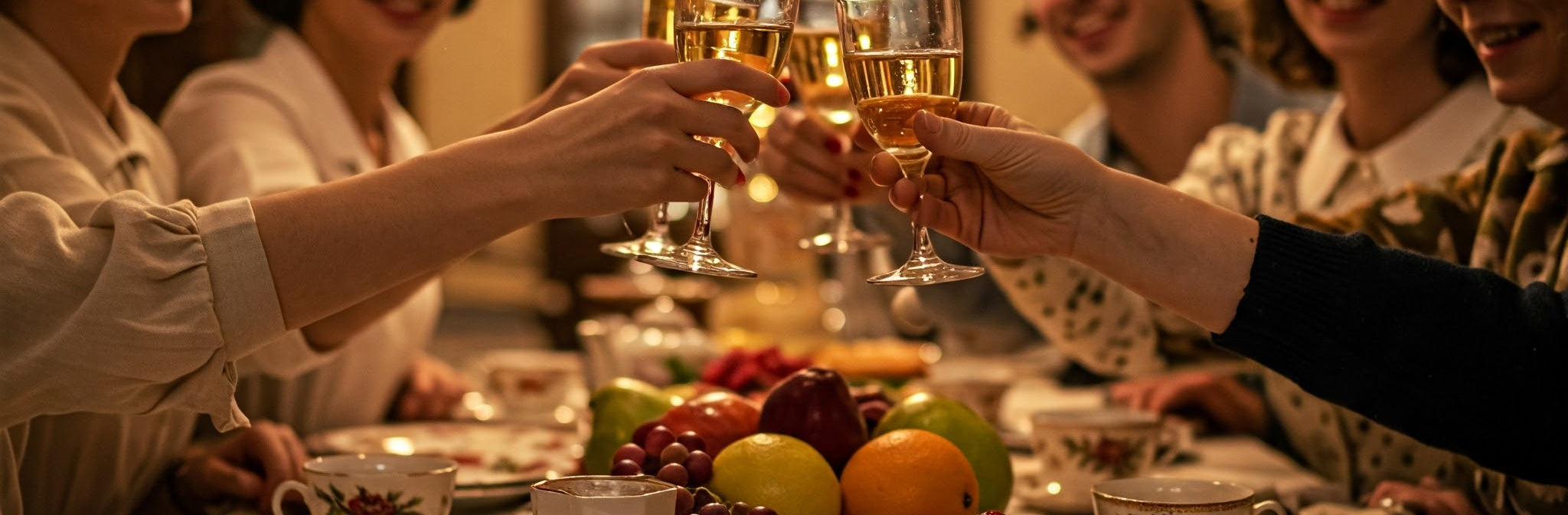 Friends gather for dinner, toasting with wine, ready to eat from vintage crockery.