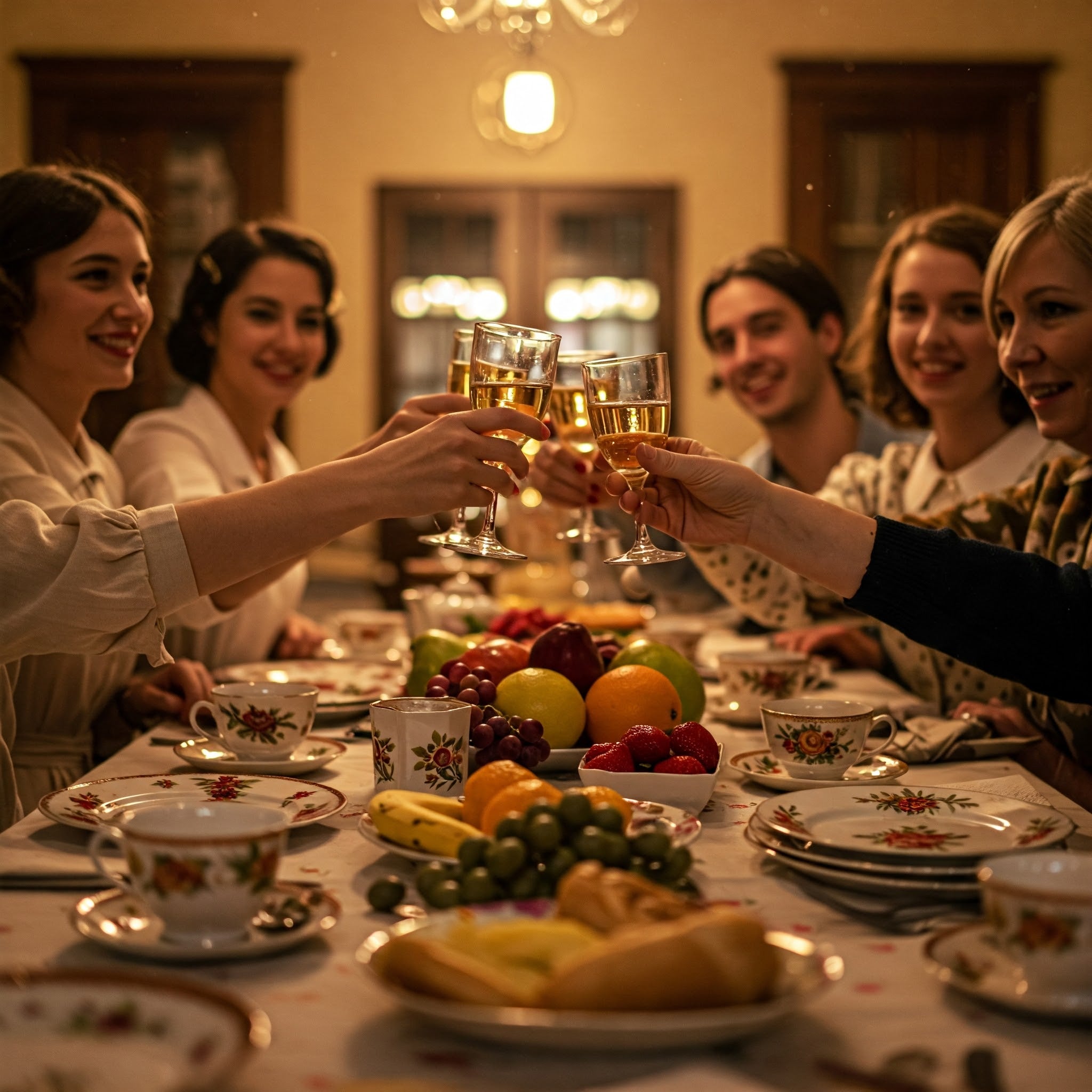 Friends gather for dinner, toasting with wine, ready to eat from vintage crockery.