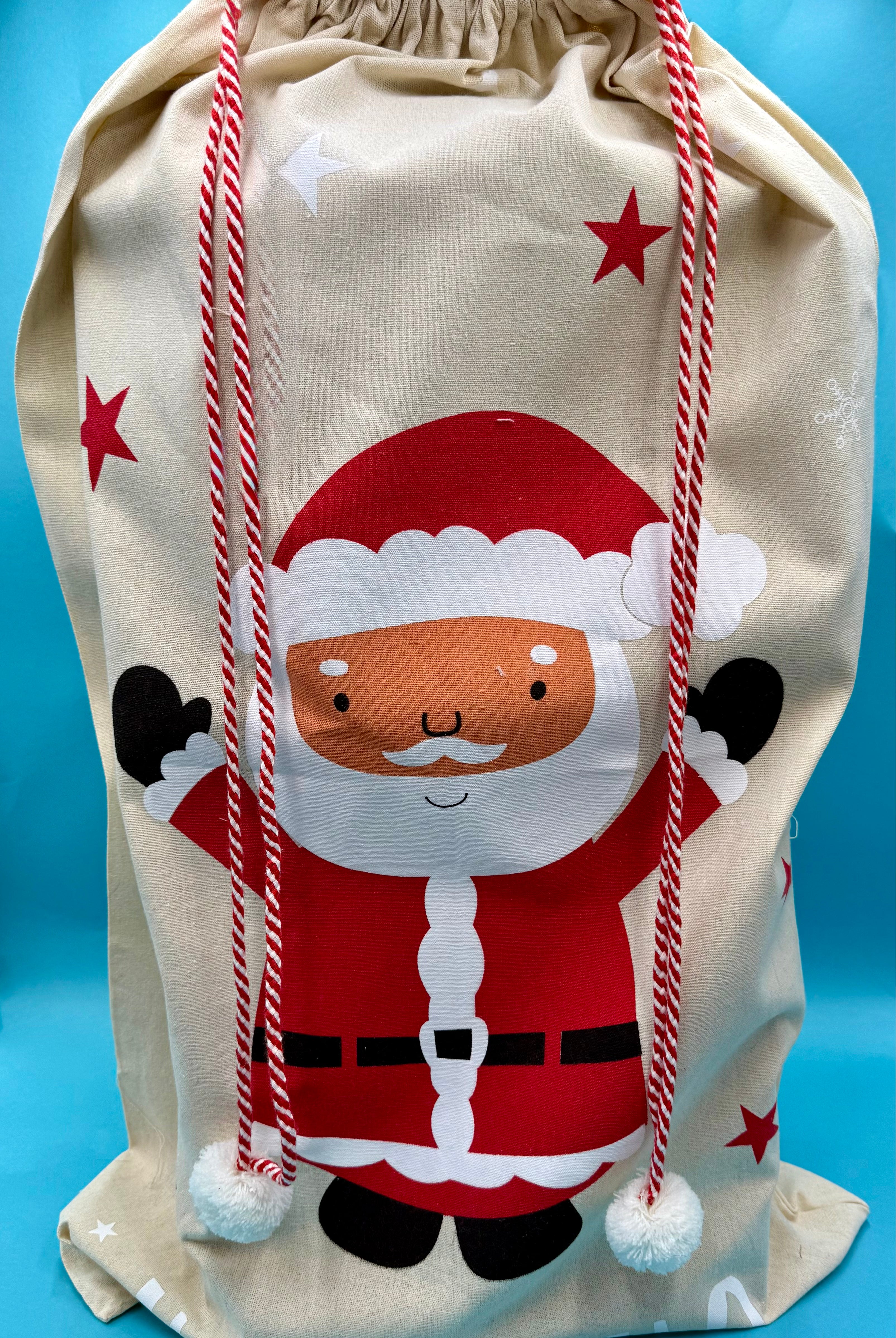 Santa's sack, drawstring bag with a cartoon Santa Claus design