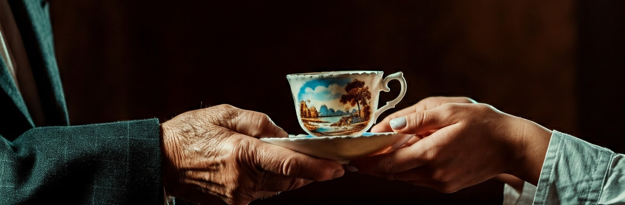 An older person gently hands over a vintage china cup as a gift to a younger person.