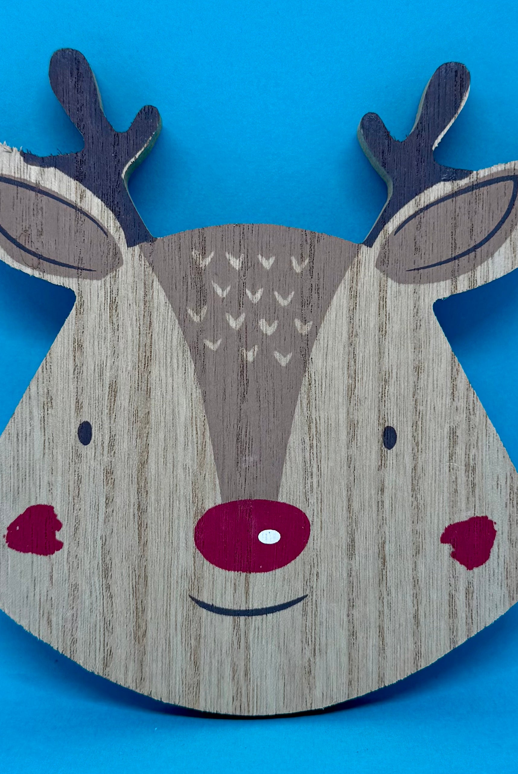Wooden reindeer head coaster decoration on a blue background