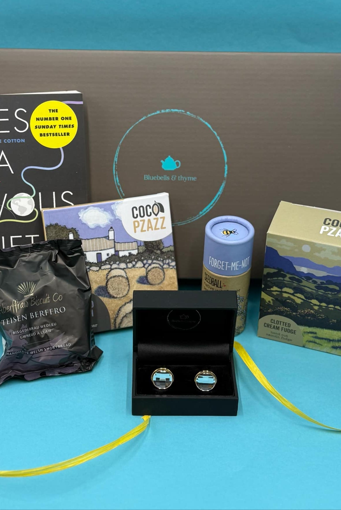 Bluebells & Thyme 'Just Because' gift box with all items neatly laid out.