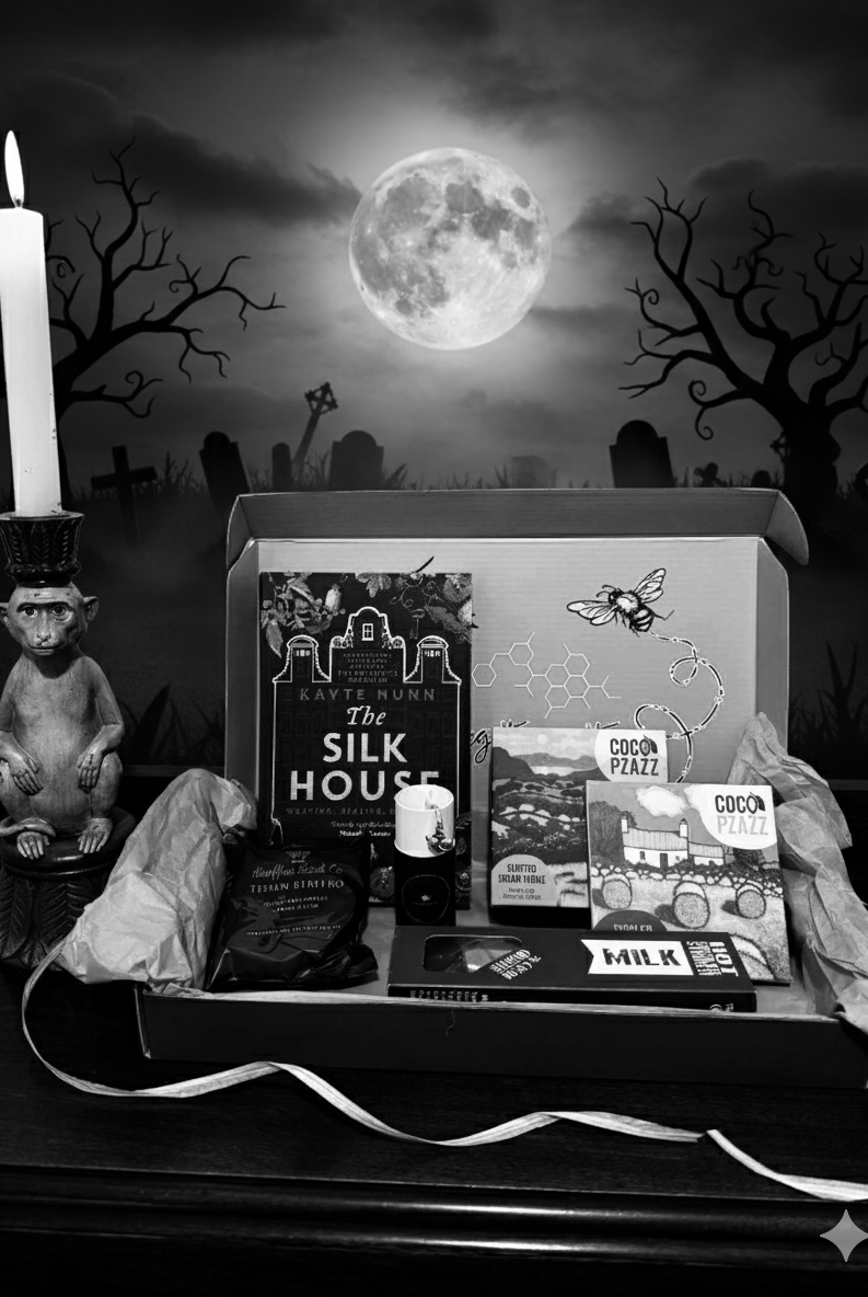 Letterbox gift from bluebells and thyme with tThe Silk House book by Kayte Nunn, Welsh Artisan chocolate and a beautful hand crafted witch bookmark