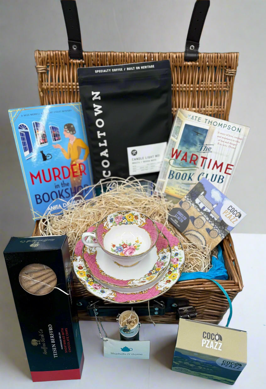 bluebells and thyme coffee and serenity hamper including vintage tea cup, saucer, side plate, selection of books, selection of hand crafted bookmarks an d welsh artisan foods