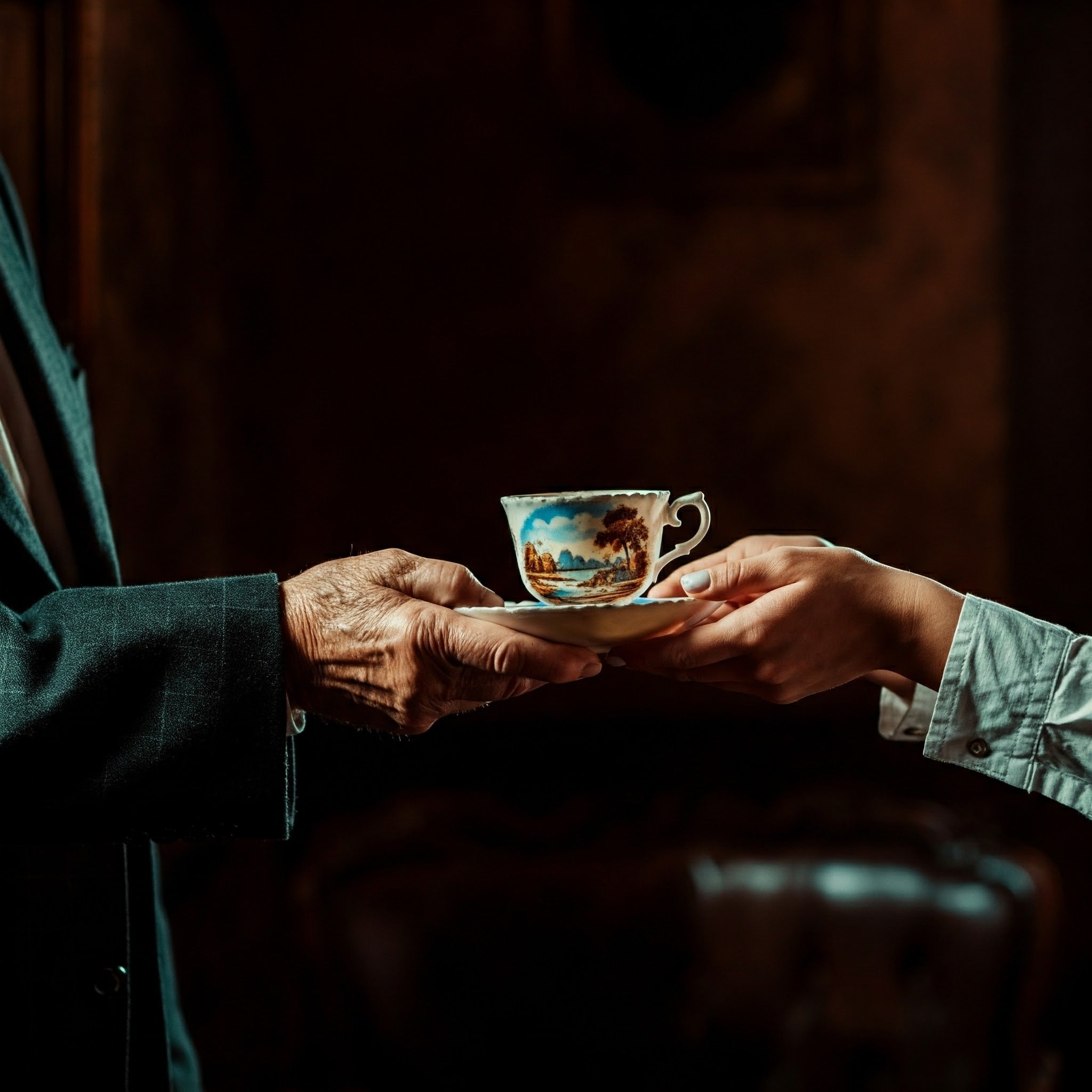 An older person gently hands over a vintage china cup as a gift to a younger person.