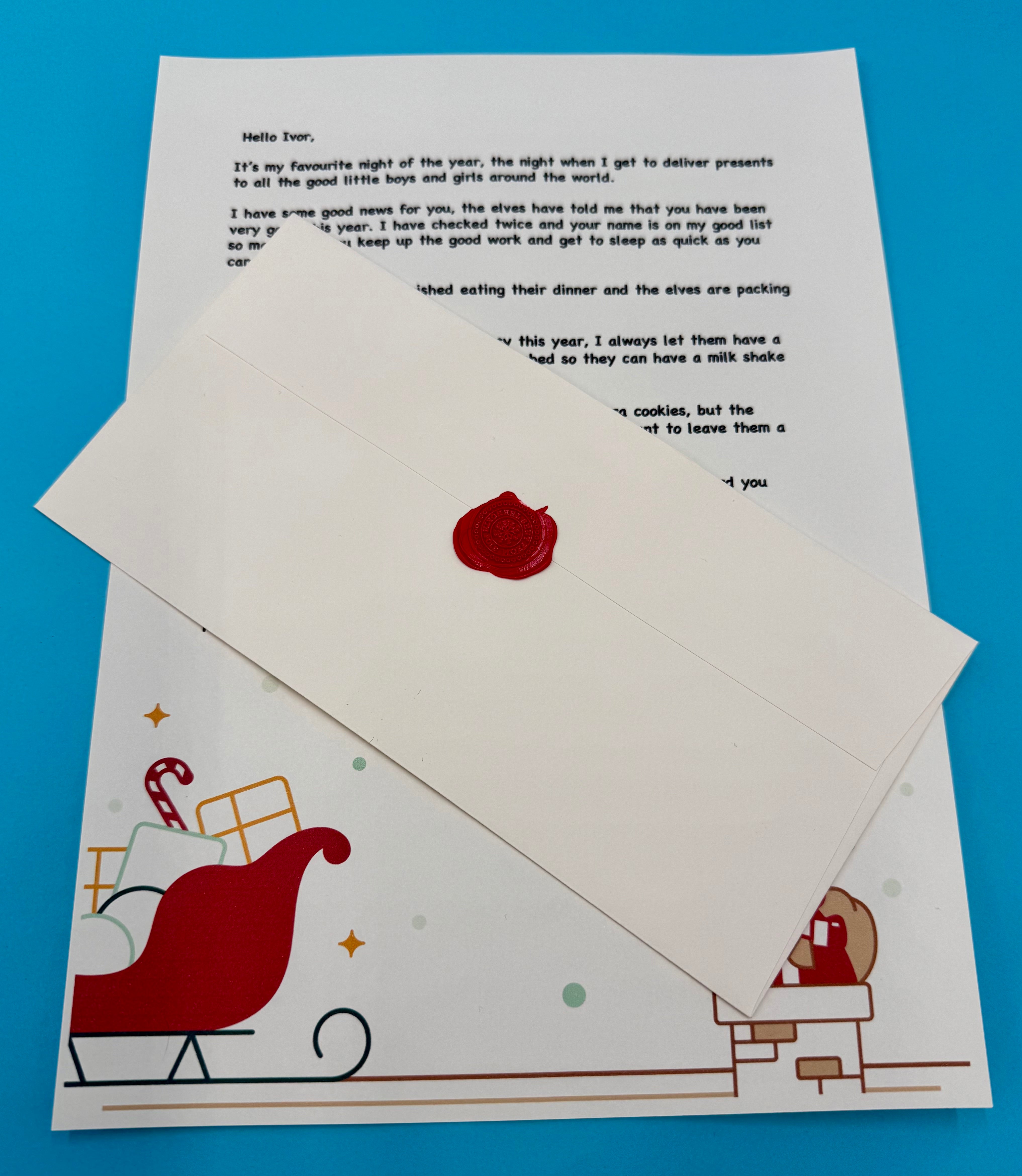 Letter from Santa Claus with a red wax stamp on a blue background