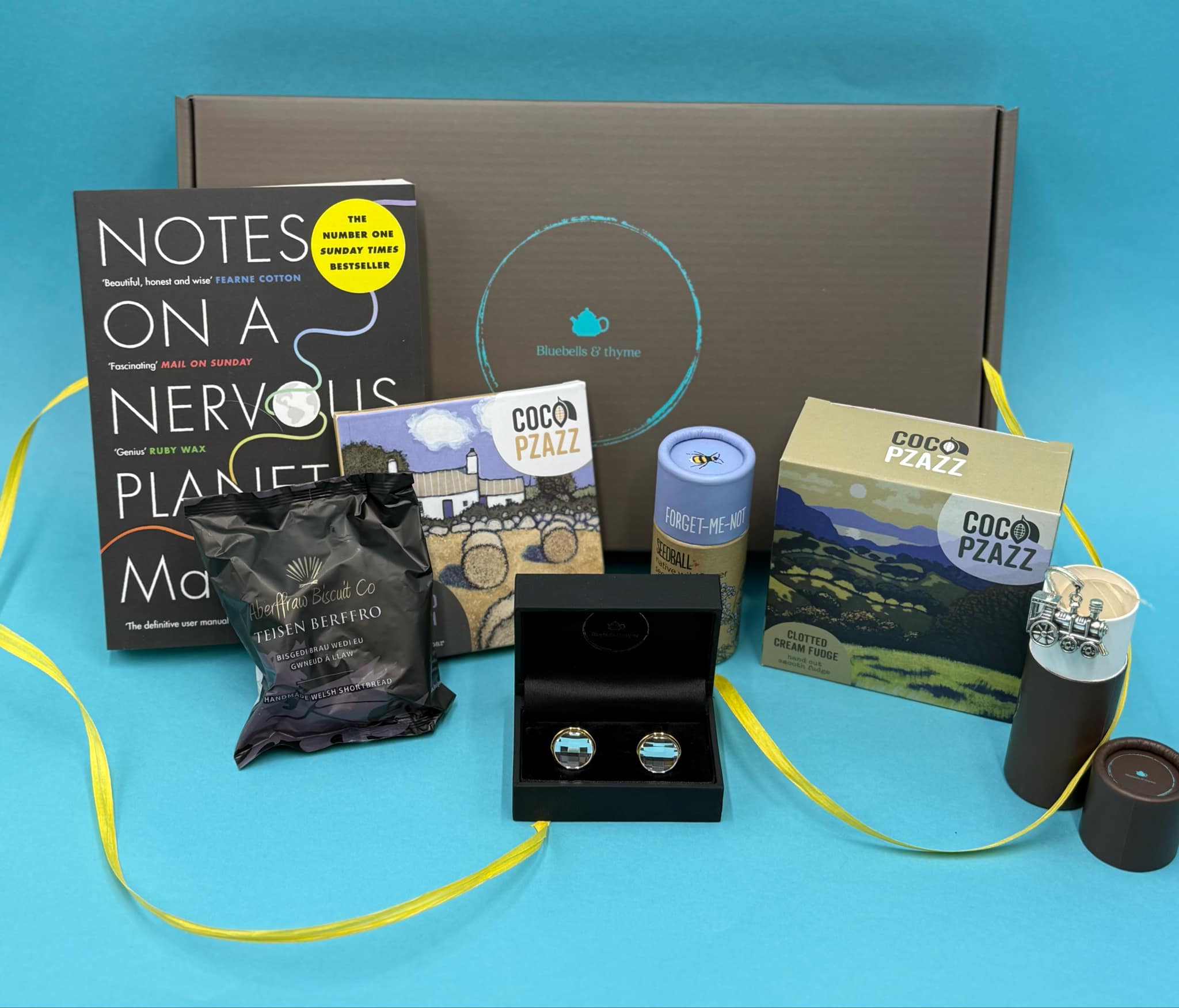 Bluebells & Thyme 'Just Because' gift box with all items neatly laid out.