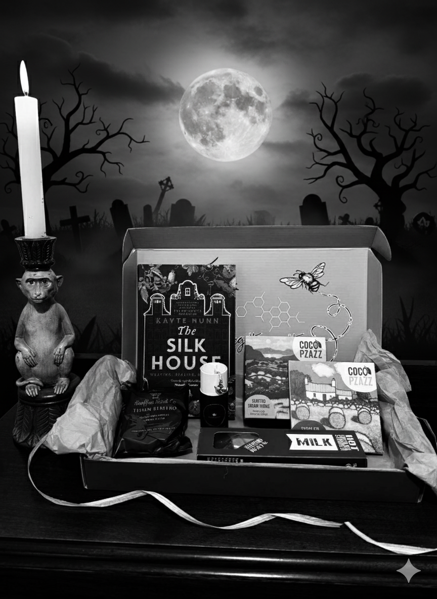 Letterbox gift from bluebells and thyme with tThe Silk House book by Kayte Nunn, Welsh Artisan chocolate and a beautful hand crafted witch bookmark